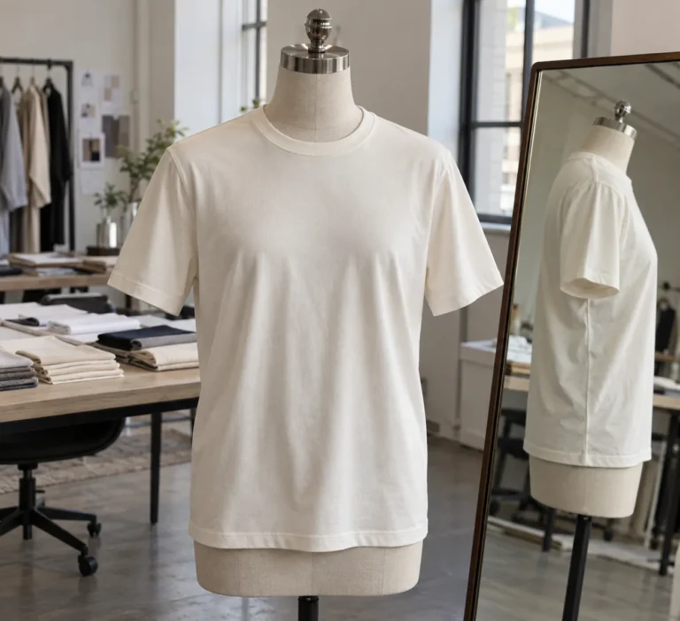 Photorealistic apparel development studio documentary photograph, plain premium cotton tee hanging naturally on a dress