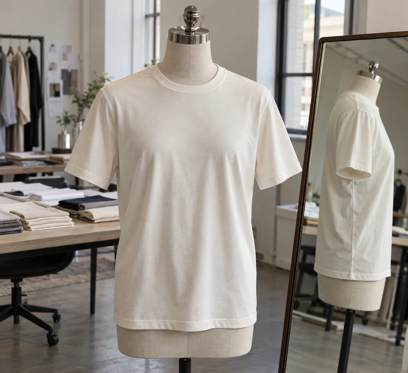 Photorealistic apparel development studio documentary photograph, plain premium cotton tee hanging naturally on a dress