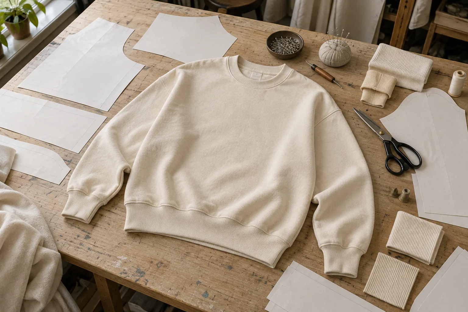 Undecorated streetwear sweatshirt and construction references on a sampling table