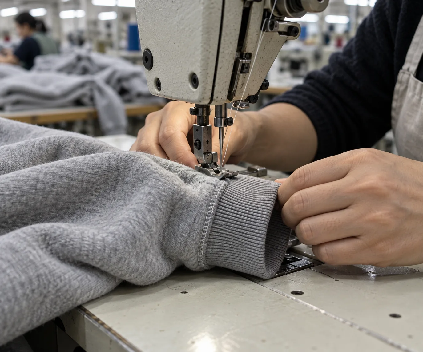 Sewing operator attaching rib trim to a heavyweight crewneck sweatshirt