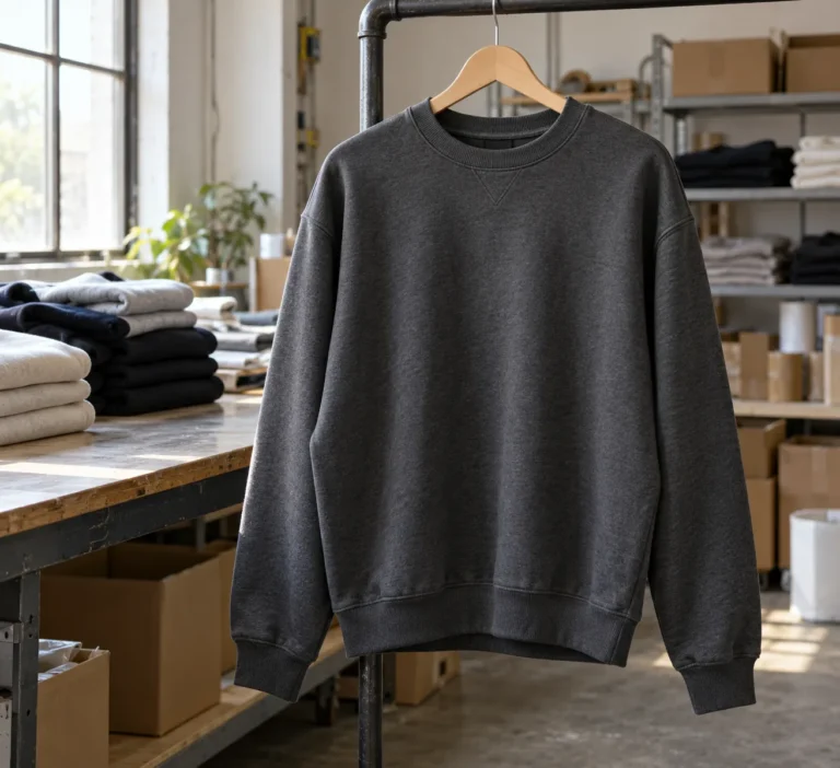Photorealistic apparel workshop documentary photograph of an unbranded heavyweight charcoal crewneck sweatshirt displaye