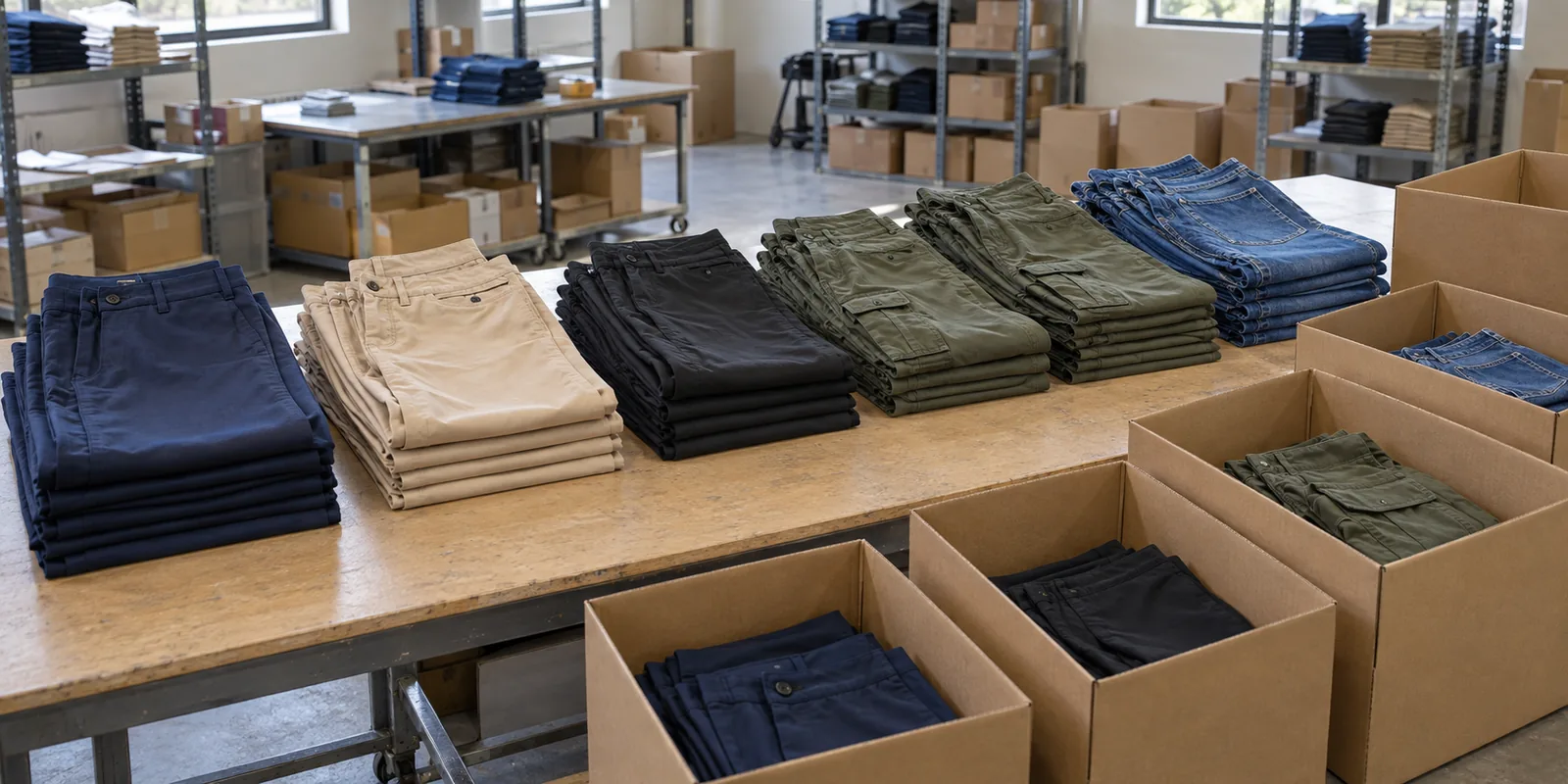 Finished garments grouped by style and color beside shipping cartons for inspection planning