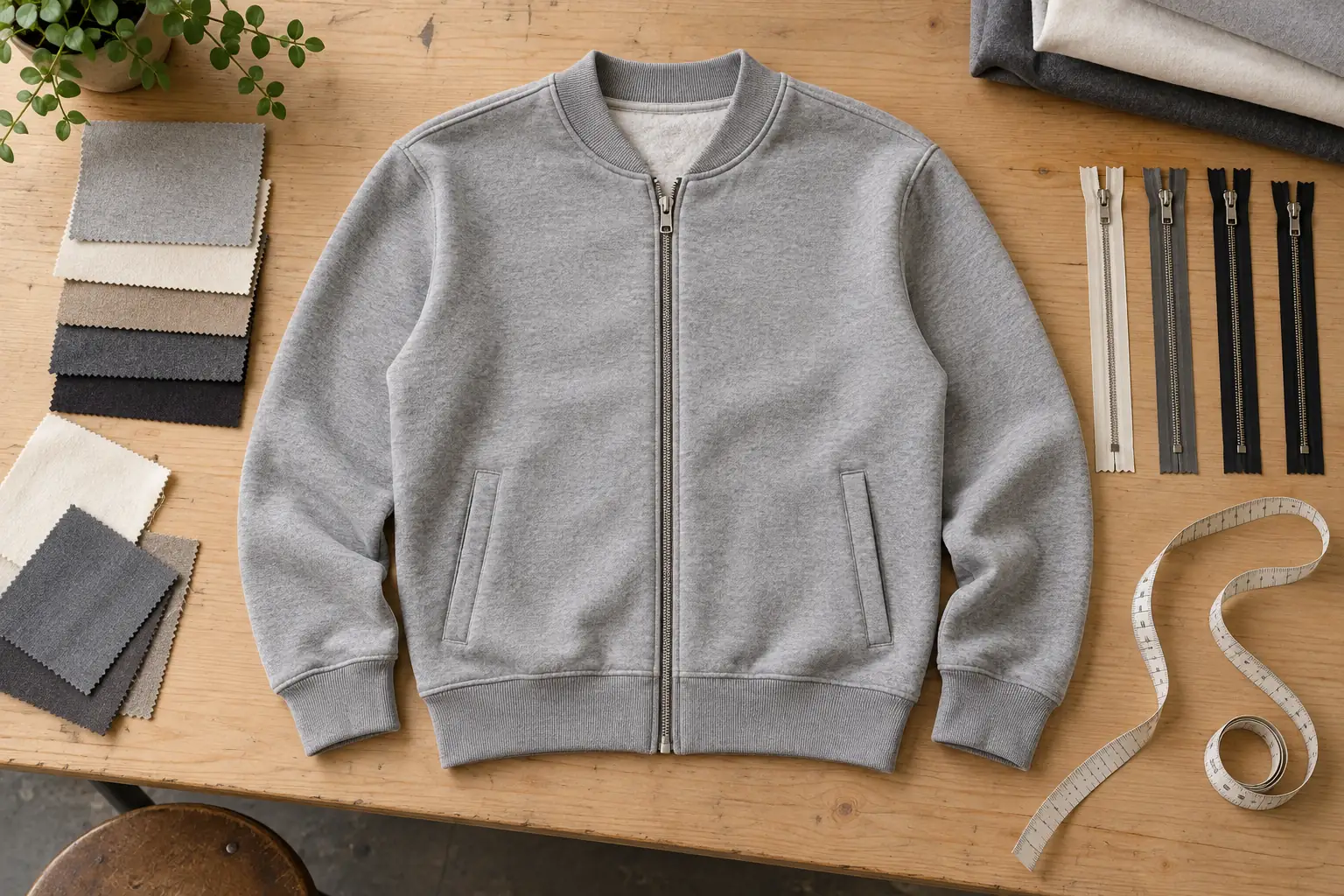 Approved sweatshirt sample with measuring tools and fabric and trim references on a sampling table