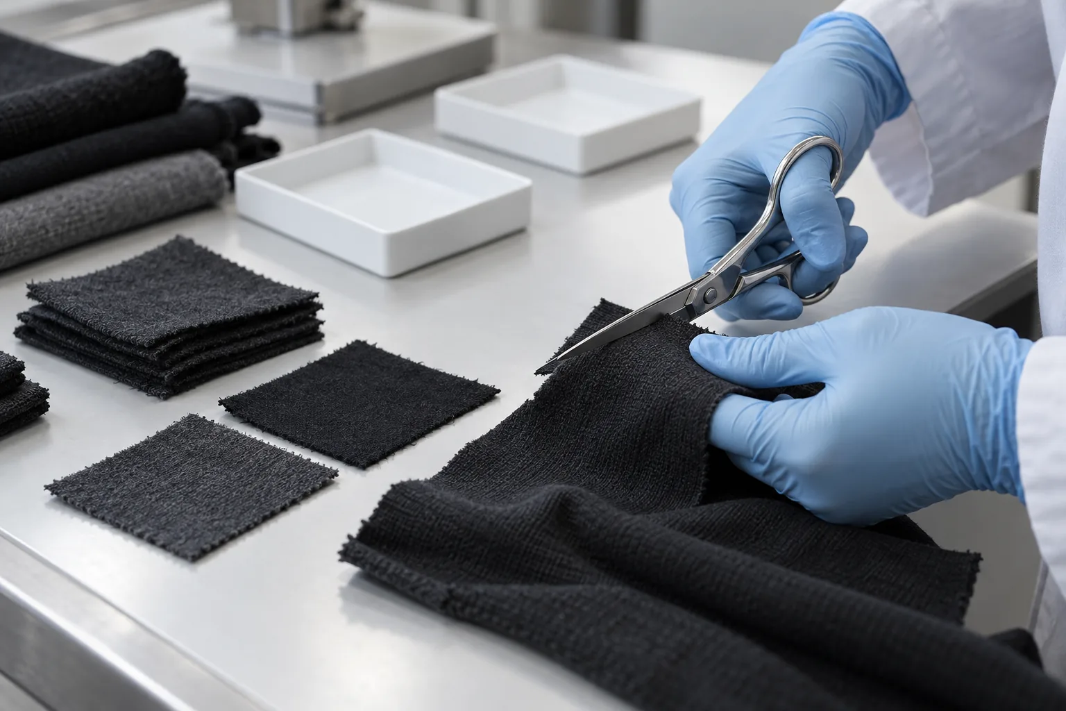 Dark fabric swatches arranged beside laboratory preparation tools in a textile testing workspace