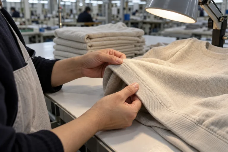 Photorealistic apparel factory documentary photograph of a quality inspector examining the hem seam of a finished neutra