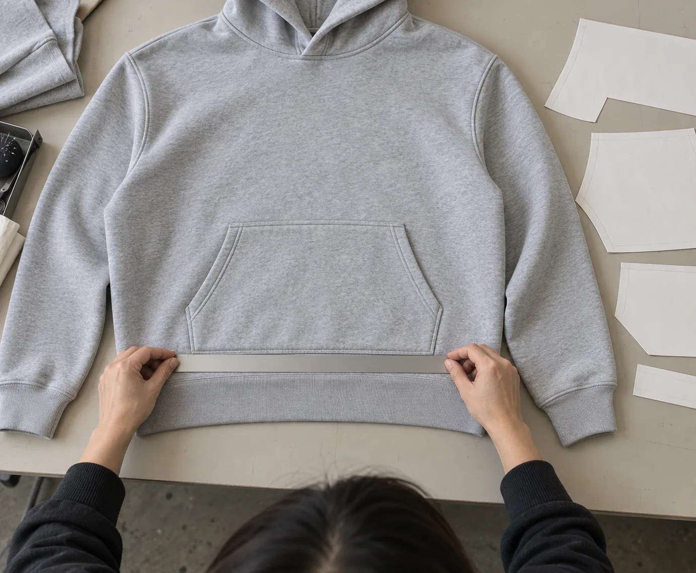 Pattern pieces and hoodie sample measured on a sampling table