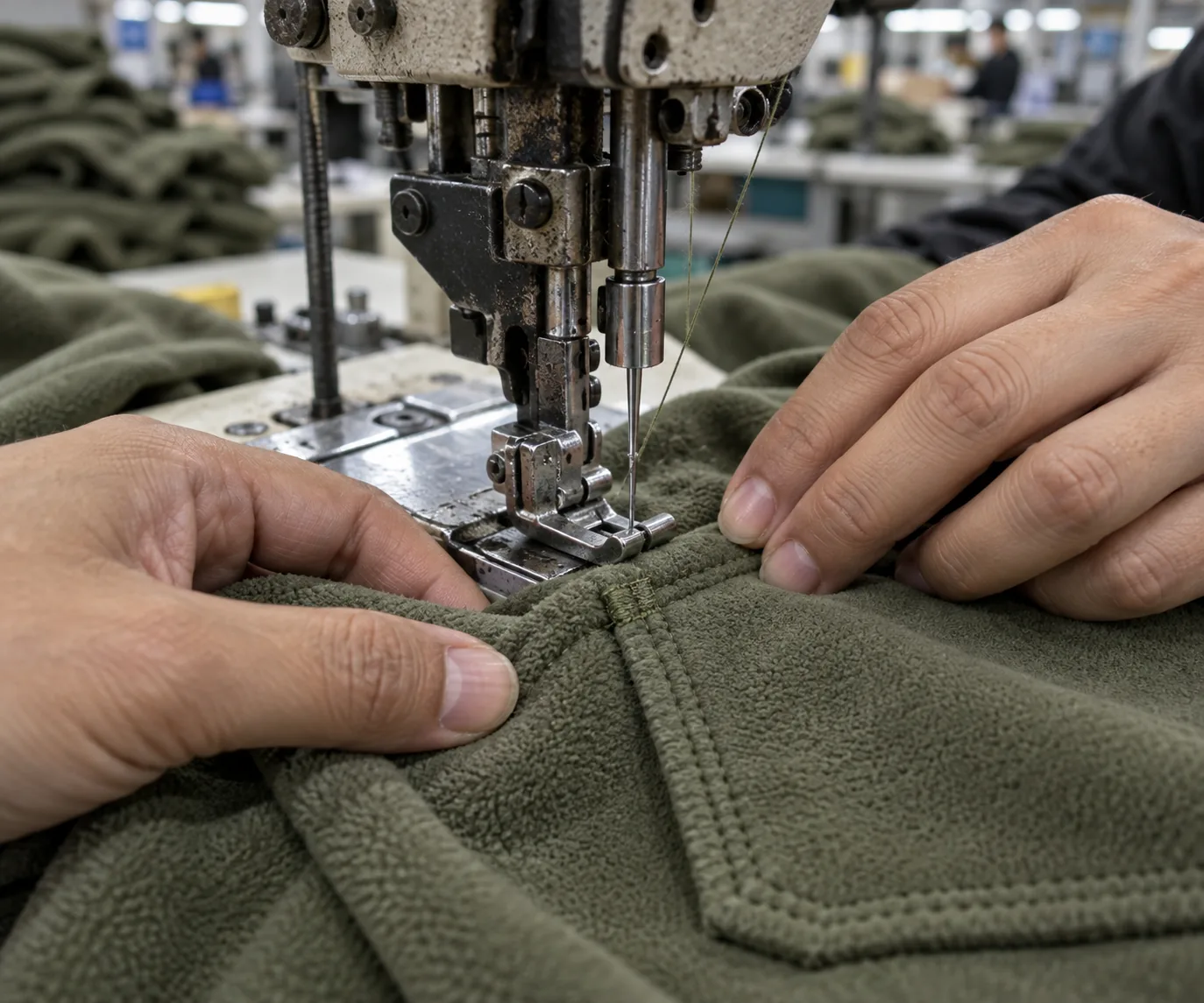 Sewing operator reinforcing the corner of a hoodie pocket opening