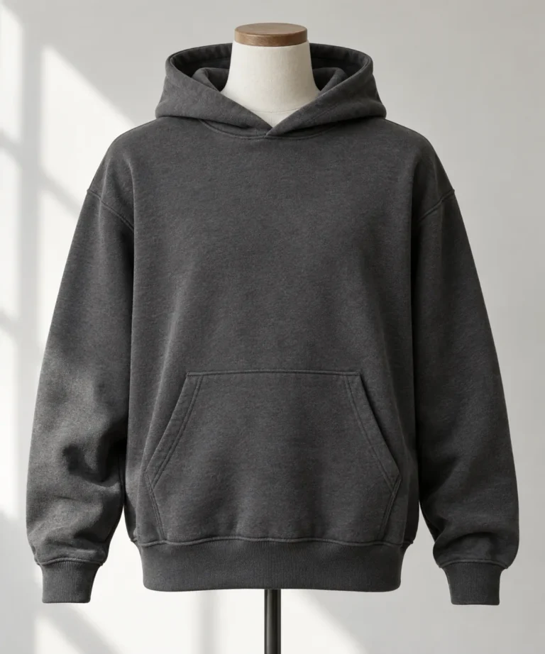 Photorealistic garment documentary photograph of a finished unbranded charcoal pullover hoodie on a torso mannequin, fro