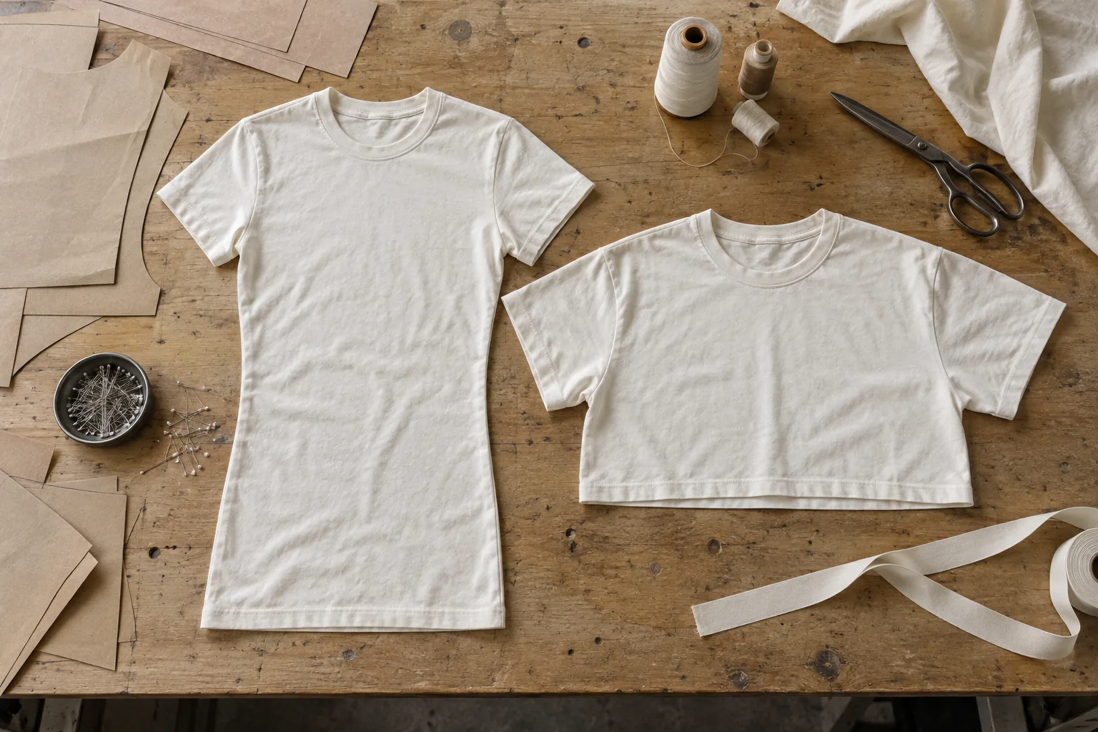 Two undecorated T-shirts with different silhouettes arranged on a garment development table