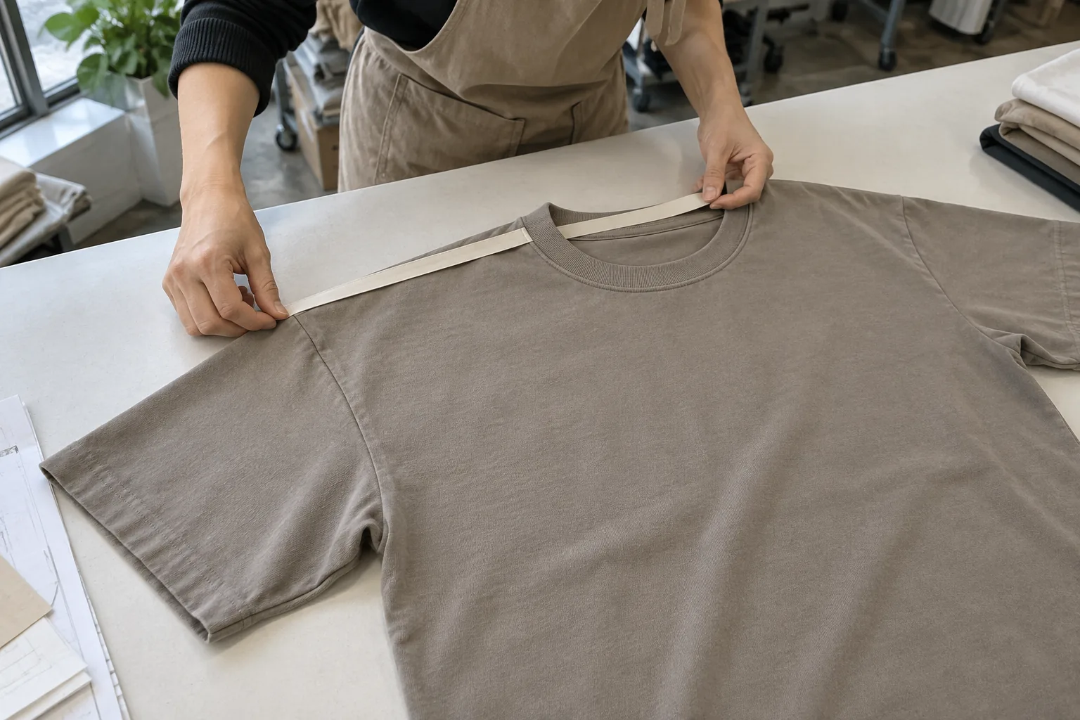 Hands measuring shoulder drop and neckline dimensions on a plain boxy T-shirt sample