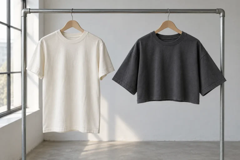 Photorealistic apparel documentary photograph of a clean regular-fit ivory jersey tee and a cropped boxy charcoal jersey