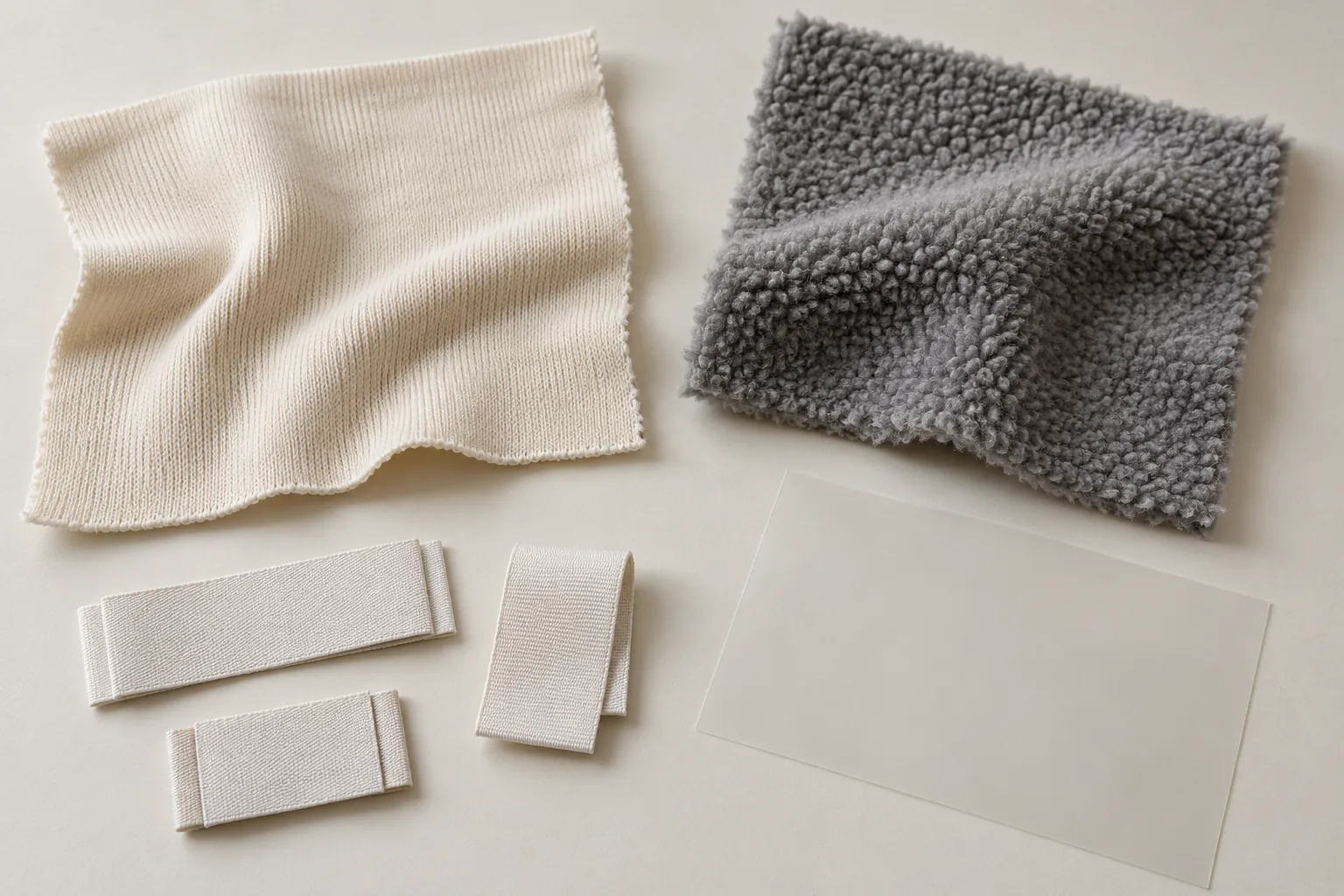 Blank garment label components arranged beside cotton jersey and fleece samples
