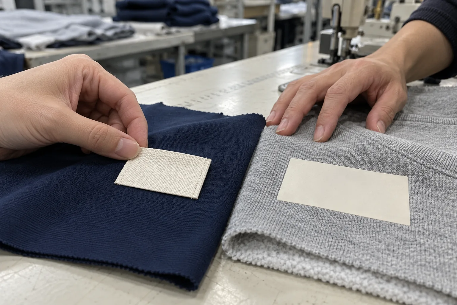 Technician comparing unmarked label samples on smooth jersey and textured sweatshirt fabric
