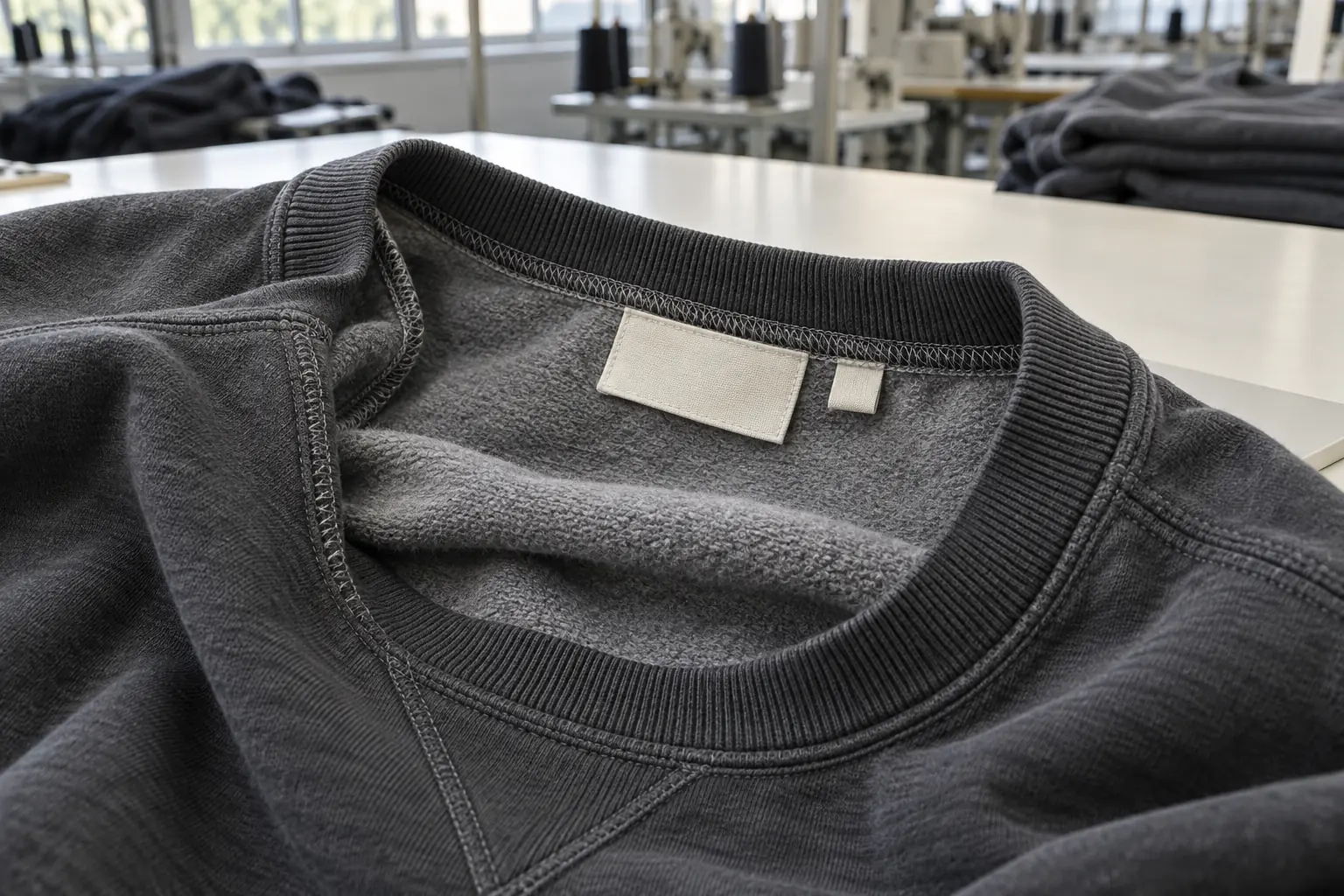 Photorealistic apparel factory documentary photograph of a finished charcoal sweatshirt turned partly inside out on a cl