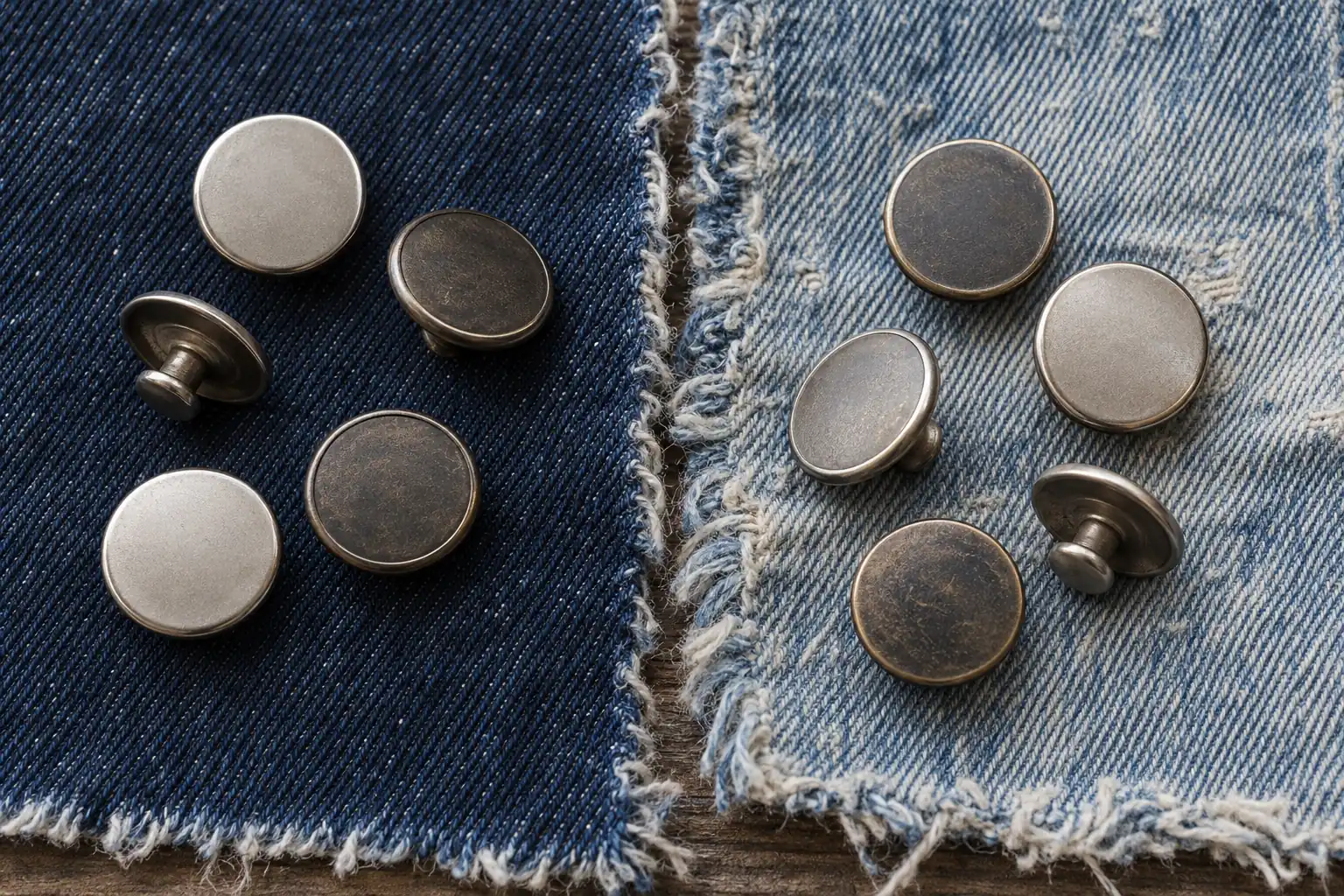 Clean dark denim and distressed pale denim compared with jacket button finishes