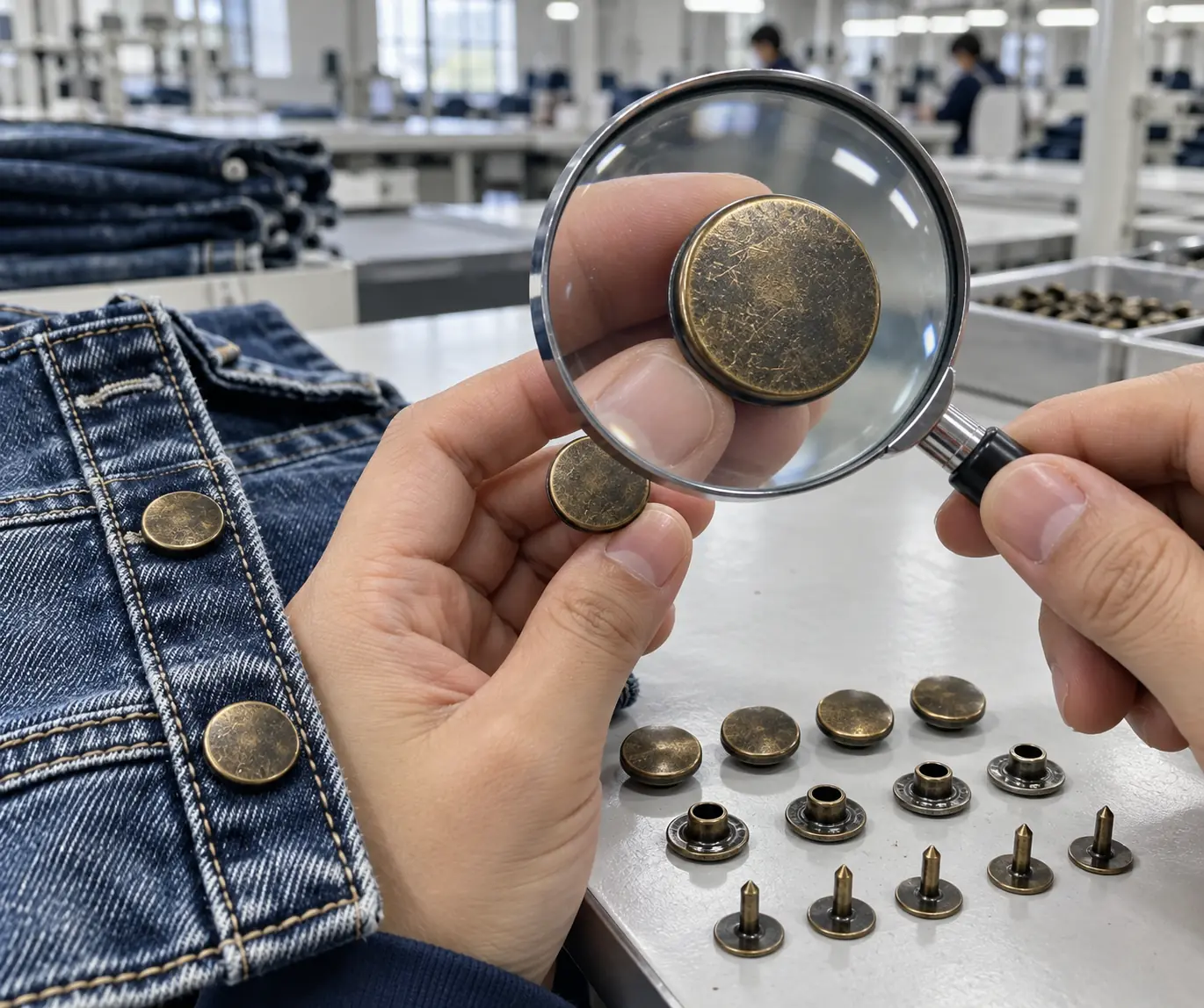 Denim jacket button samples examined beside washed fabric swatches