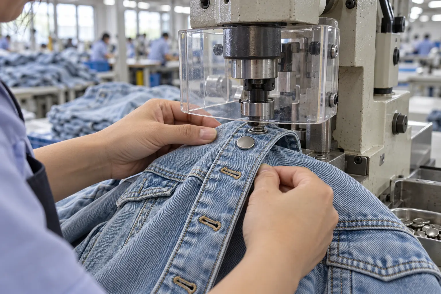 Operator setting a metal button into a washed denim jacket placket