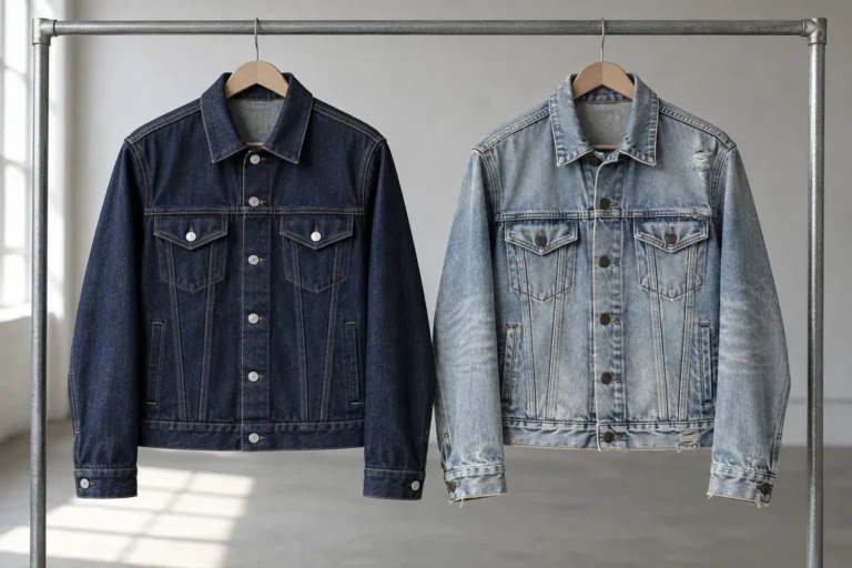 Photorealistic apparel documentary photograph of two finished denim trucker jackets hanging side by side on a plain fact