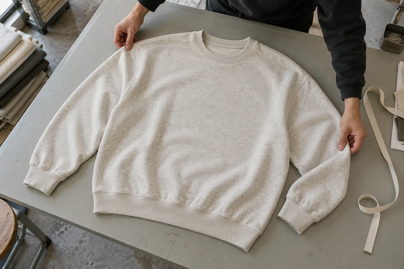Base-size sweatshirt laid flat for a fit sample review
