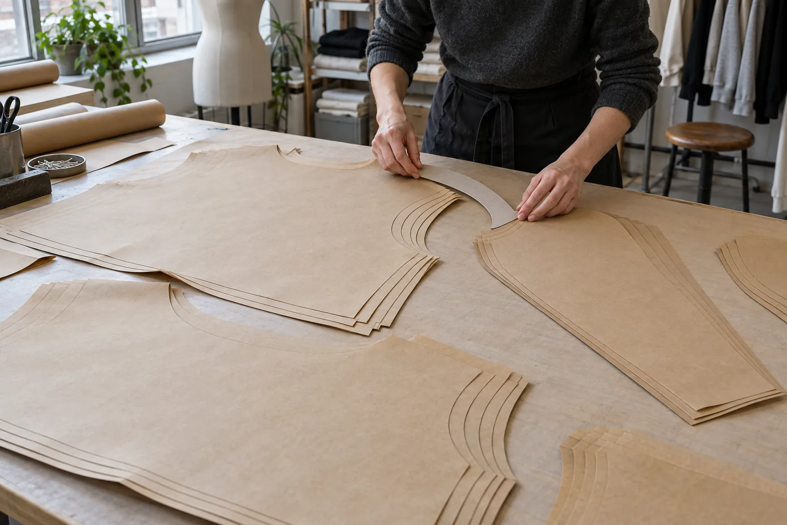 Nested garment pattern pieces arranged on a sampling table