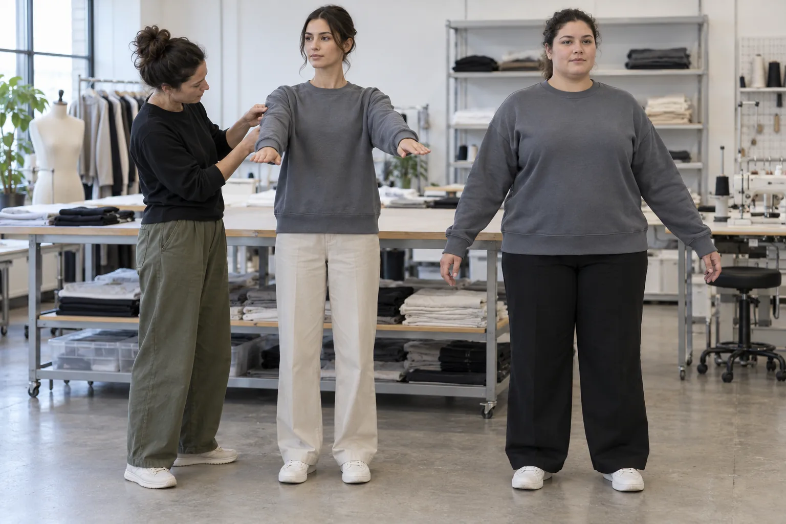 Different sizes of the same sweatshirt prepared for physical fit assessment