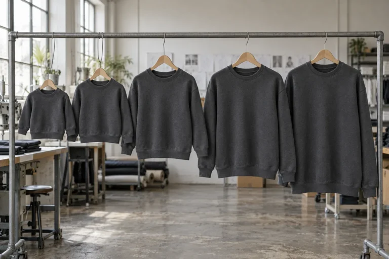 Photorealistic apparel workshop documentary photograph of finished unbranded charcoal sweatshirts in five visibly differ