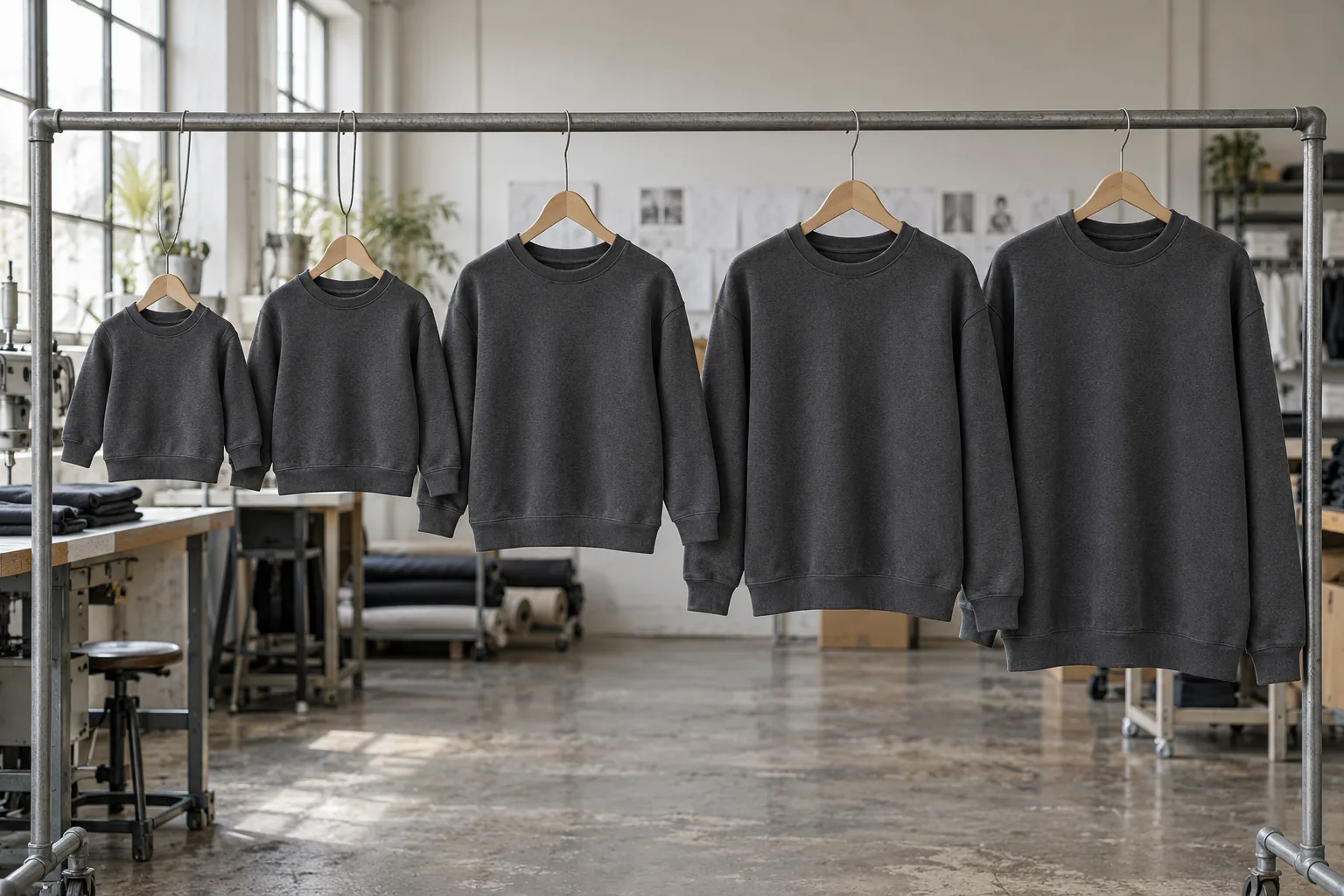 Photorealistic apparel workshop documentary photograph of finished unbranded charcoal sweatshirts in five visibly differ