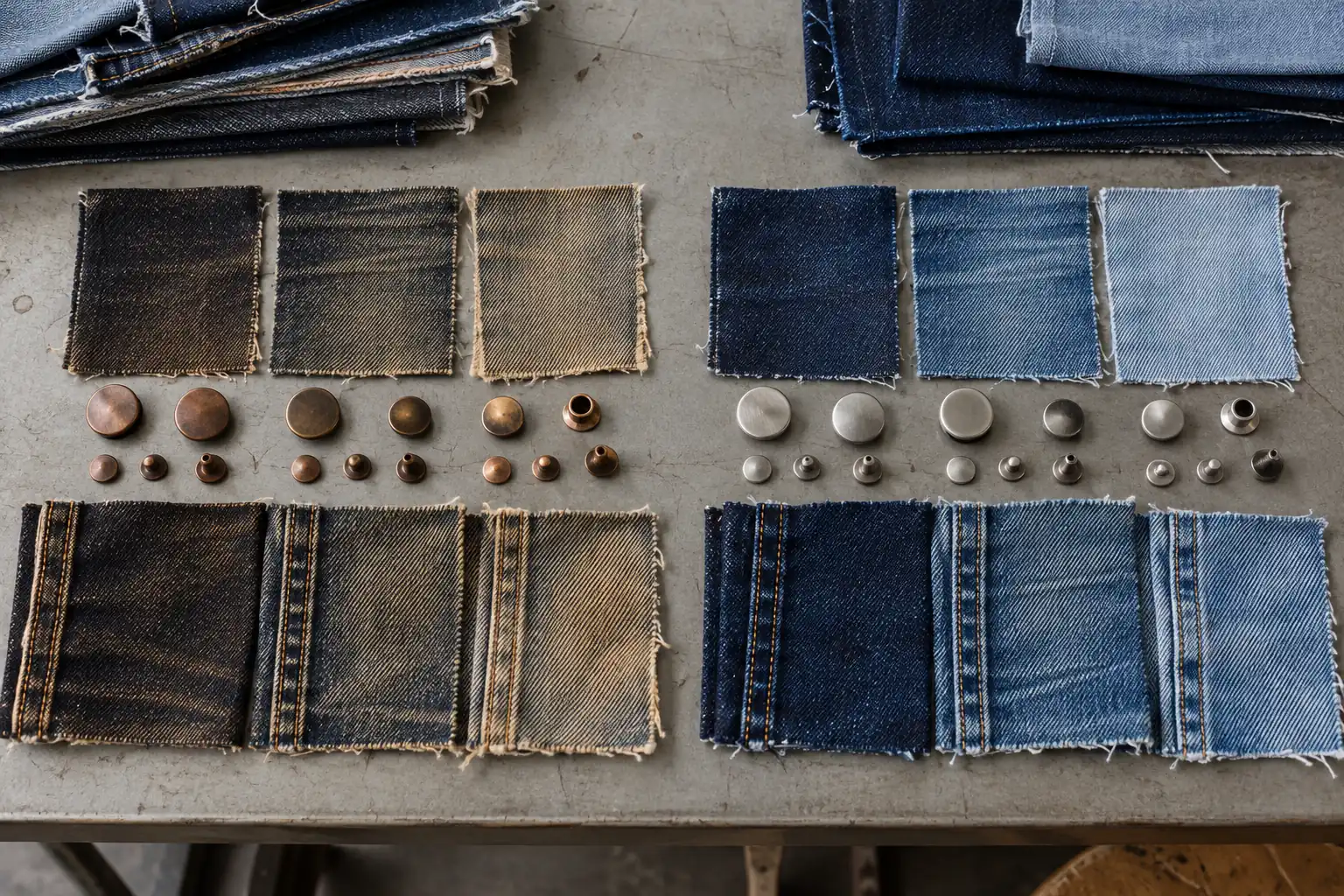Washed indigo denim panels paired with different metal hardware finishes on a sampling table