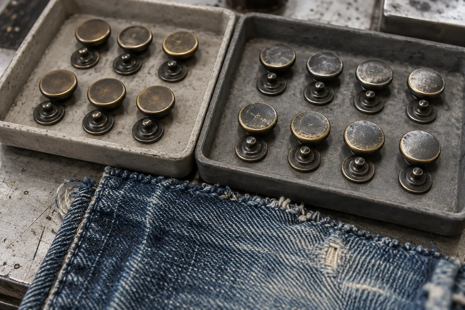 Matched unwashed and wash-tested denim hardware samples beside a washed denim swatch
