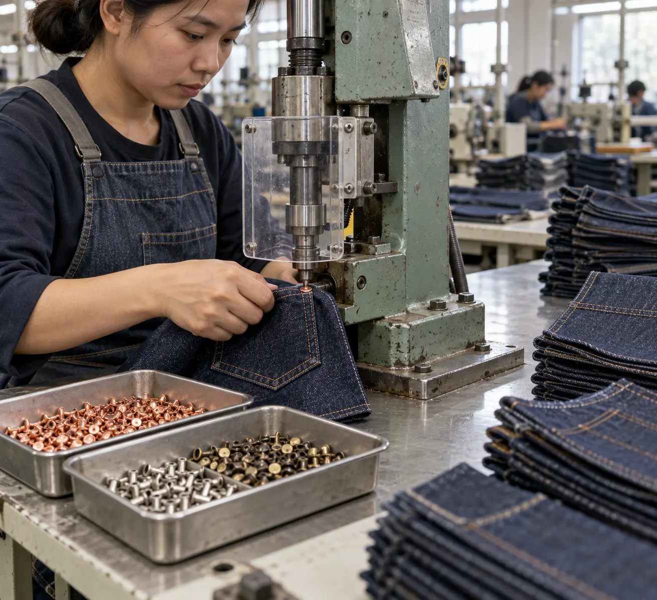 Operator setting denim rivets with separate hardware trays and segregated garment bundles