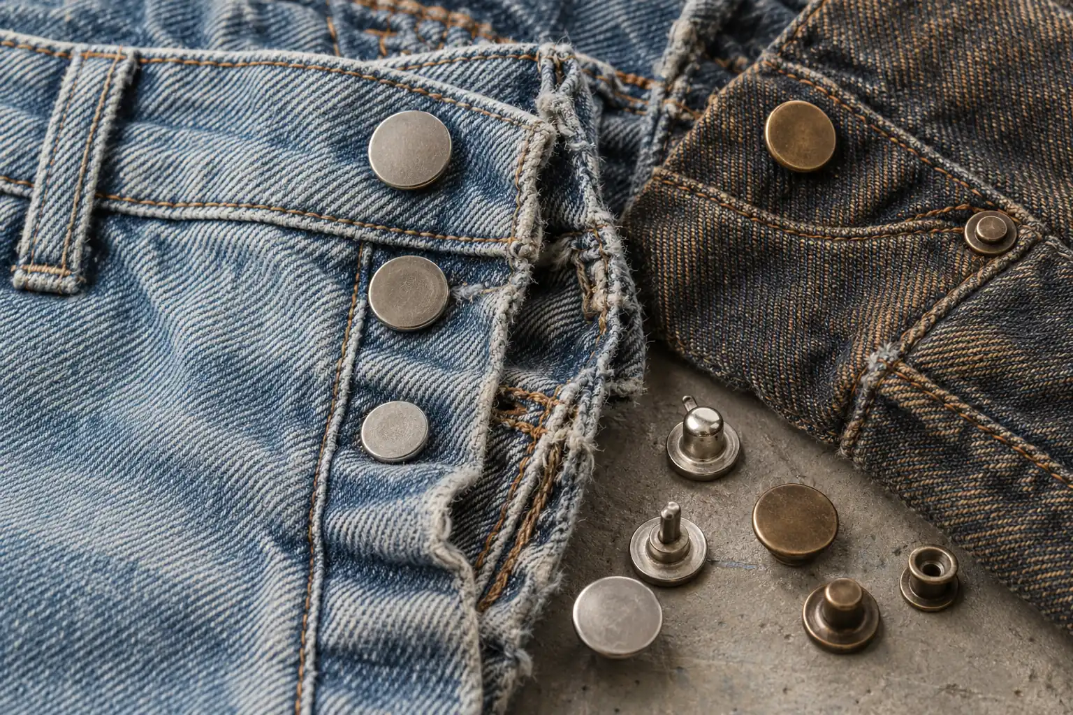 Washed denim panels beside buttons and rivets with different metal finishes
