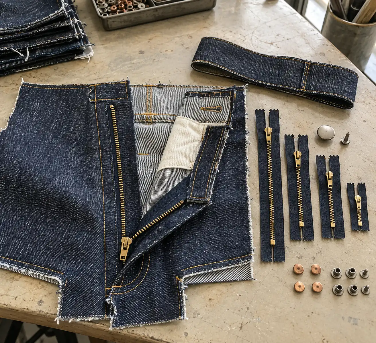 Denim sampling table with zipper assemblies, rivet backs and a waistband button