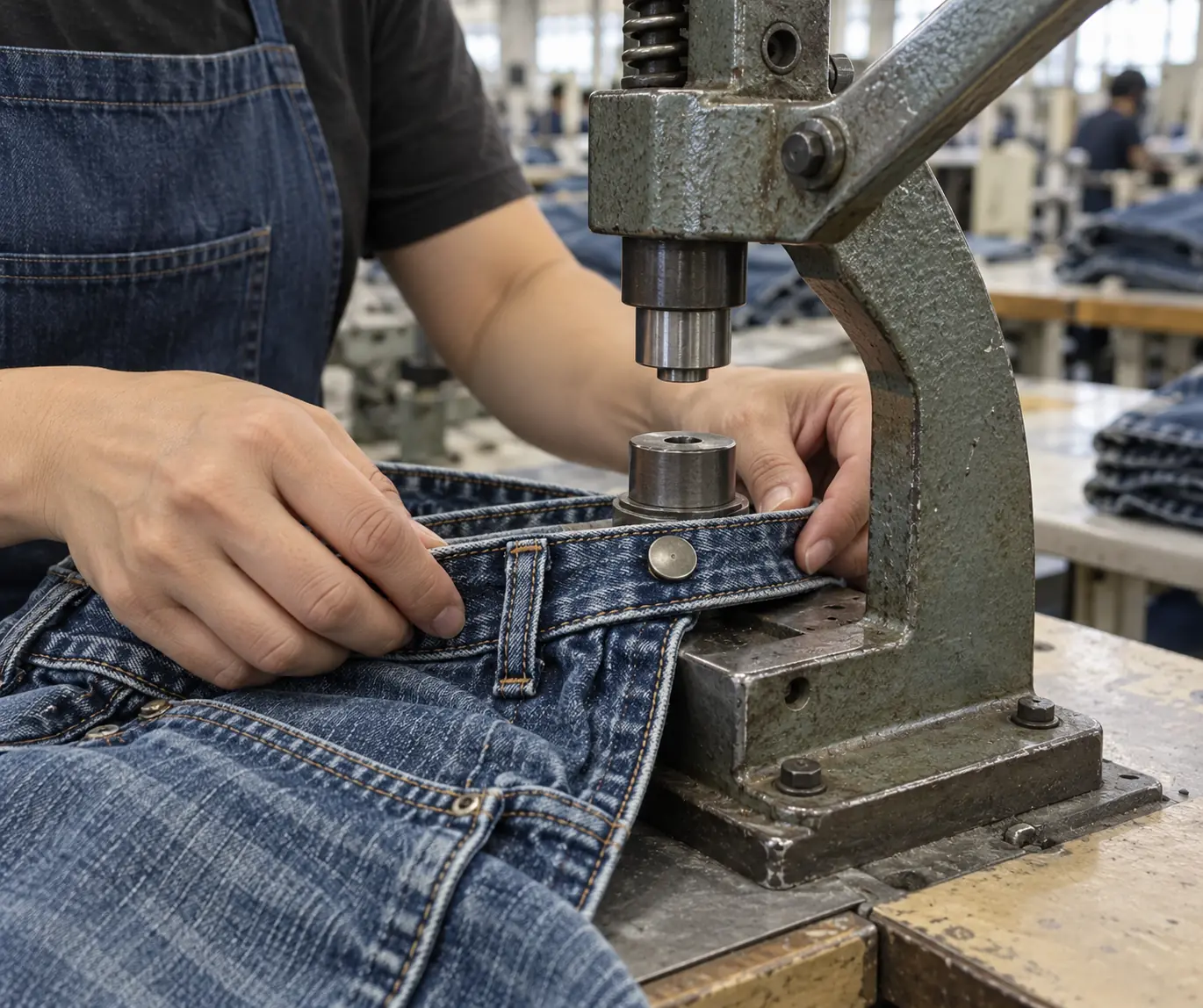 Operator aligning a washed denim waistband under a button attachment press