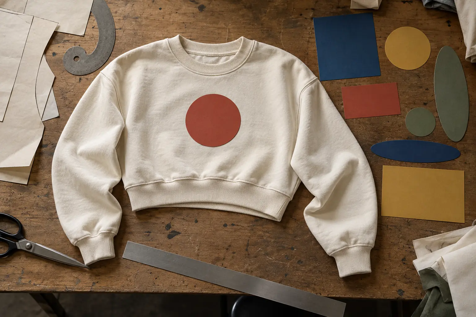 Cropped sweatshirt and paper artwork shapes arranged on a sampling table