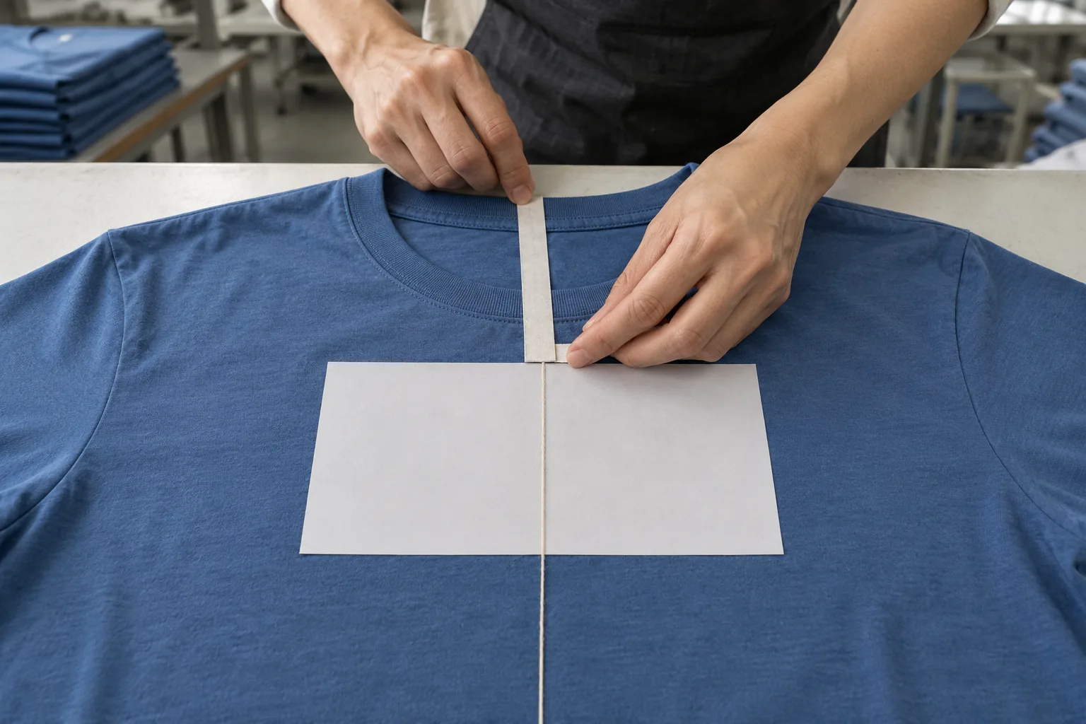 Technician measuring a garment centerline and a paper graphic boundary
