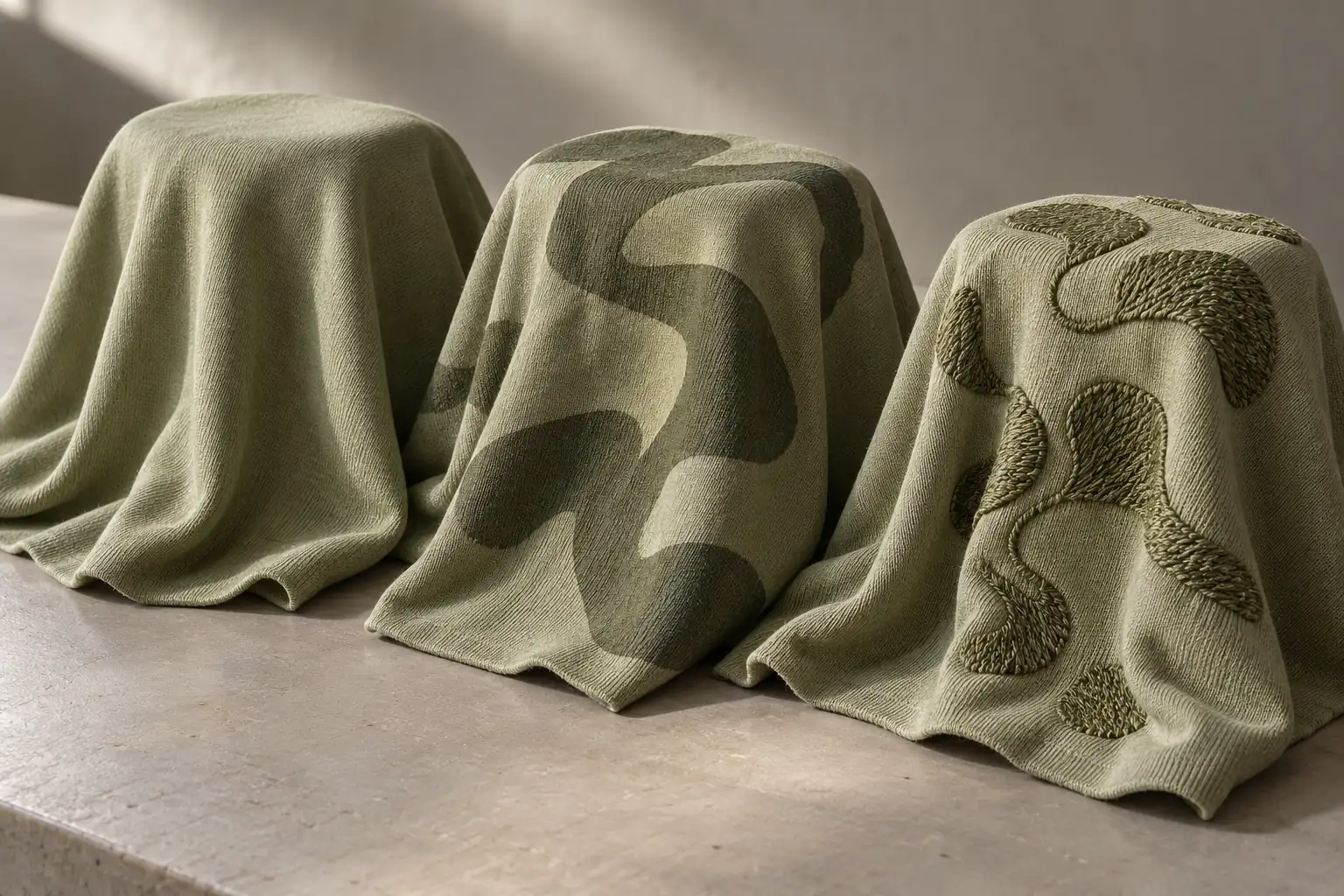 Decorated jersey swatches draped over a rounded support to compare flexibility