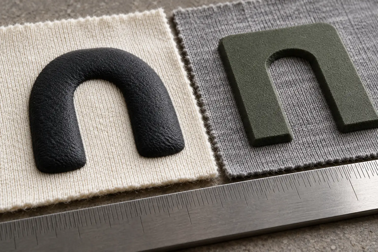 Raised print edges on cotton jersey examined beside a measuring scale