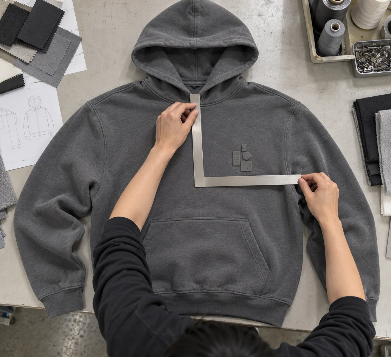 Hoodie on a sampling table with rulers aligned to the neckline and chest