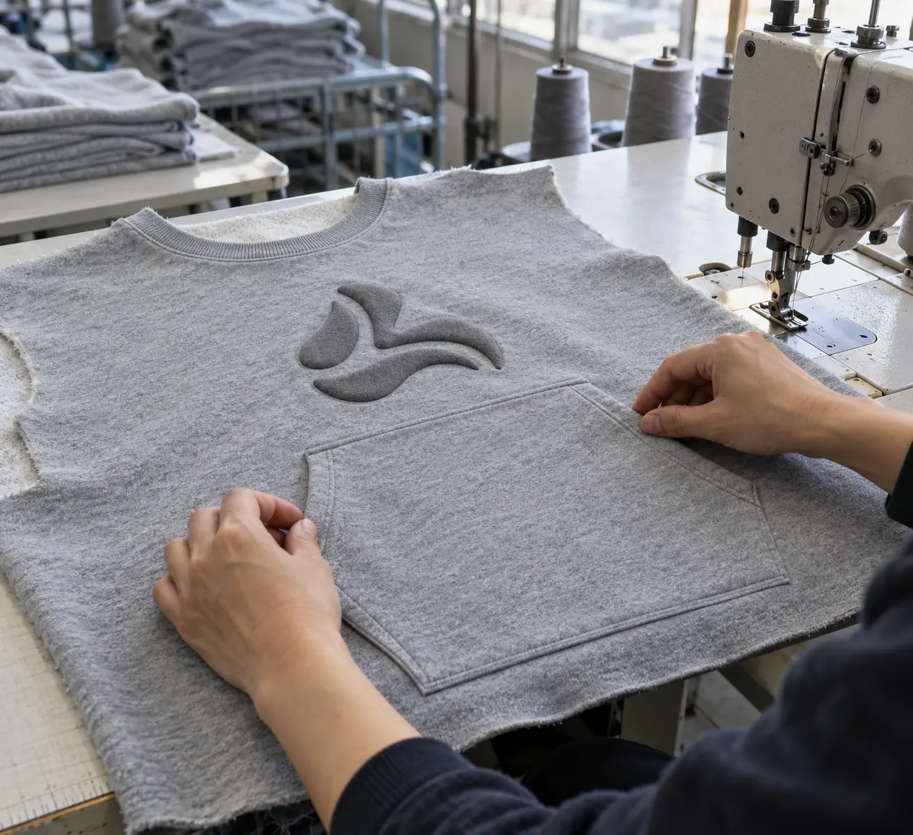 Operator checking pocket position on a sweatshirt front panel before sewing