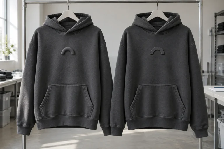 Photorealistic apparel documentary photograph of two finished unbranded charcoal hoodies hanging side by side, each with