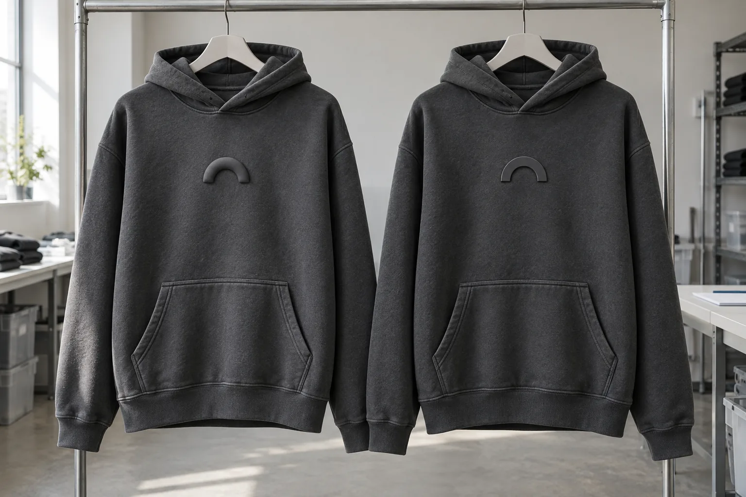 Photorealistic apparel documentary photograph of two finished unbranded charcoal hoodies hanging side by side, each with