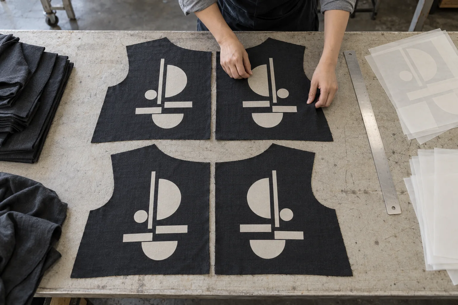 Matched decorated garment panels on a sampling table