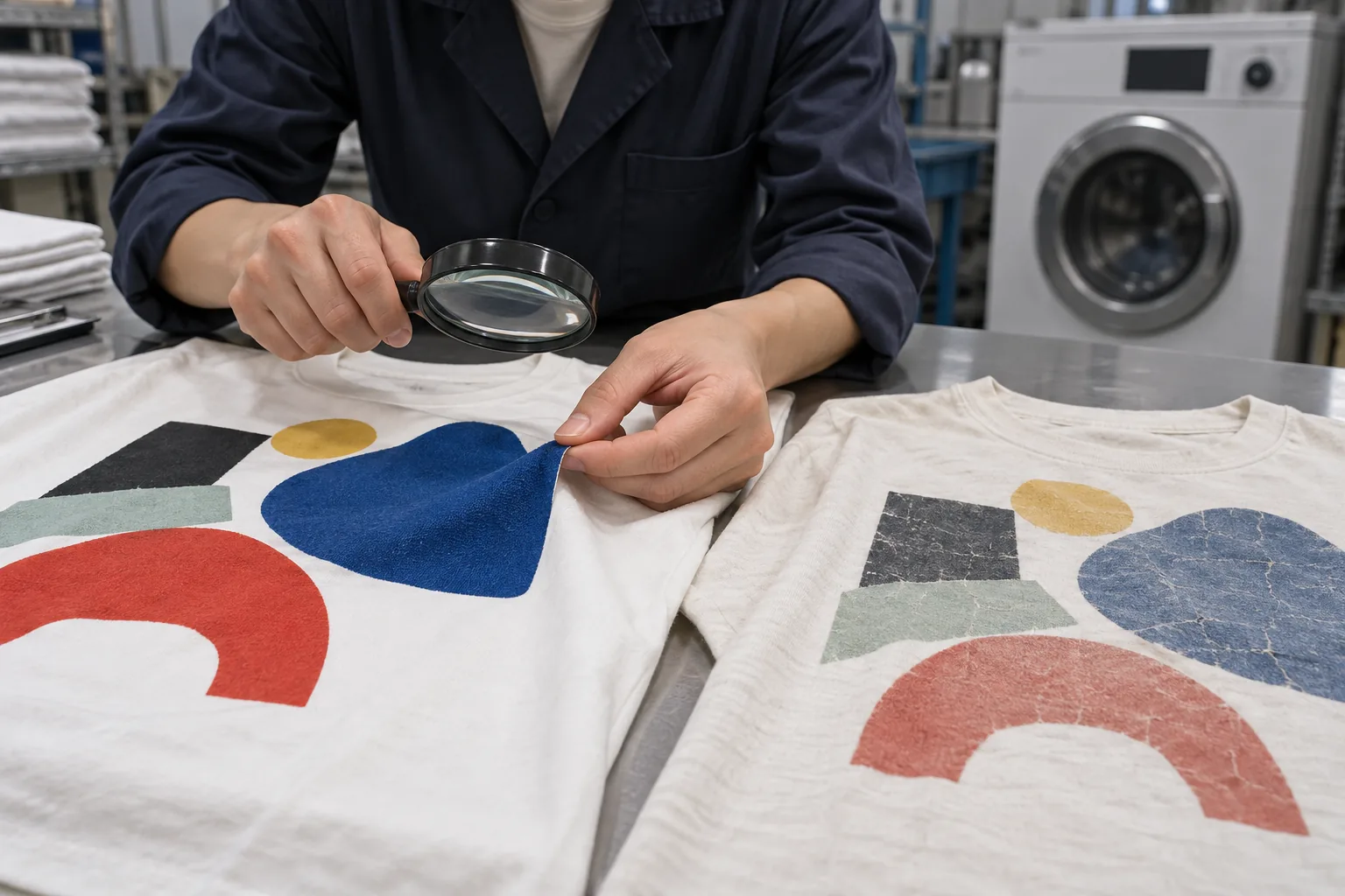 Quality inspector comparing washed and unwashed graphic garments under neutral lighting