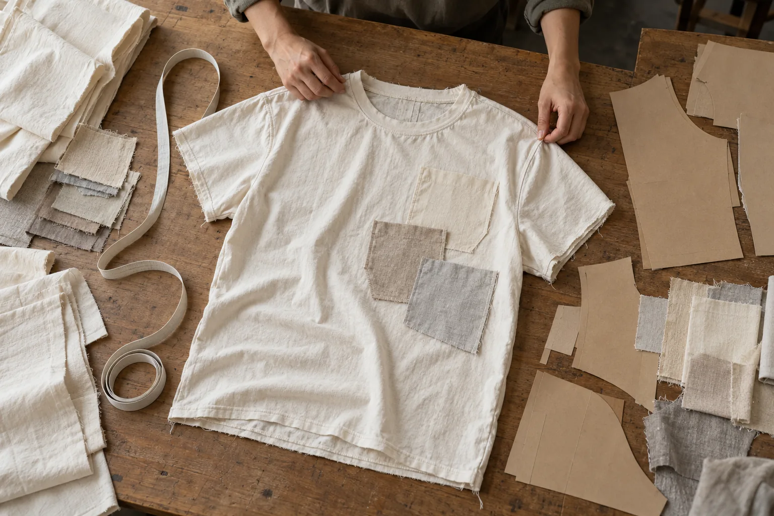 Garment samples and fabric swatches arranged for a buyer approval review
