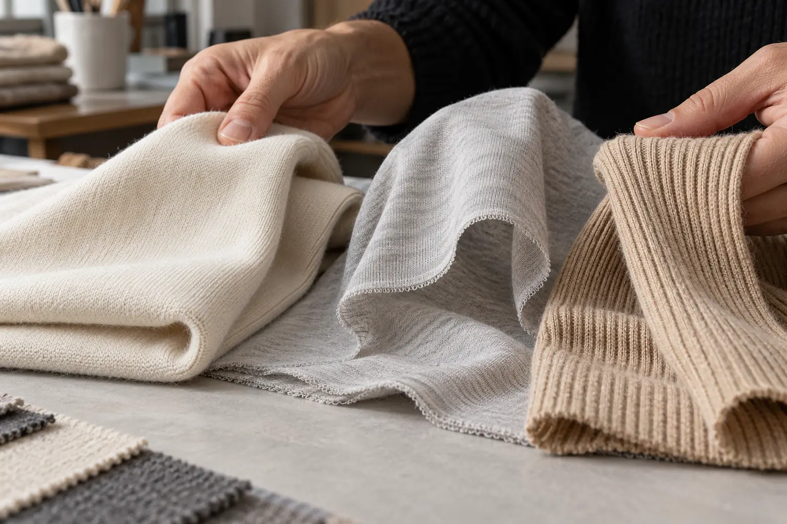 Fabric swatches being compared for weight and stretch at a textile inspection table