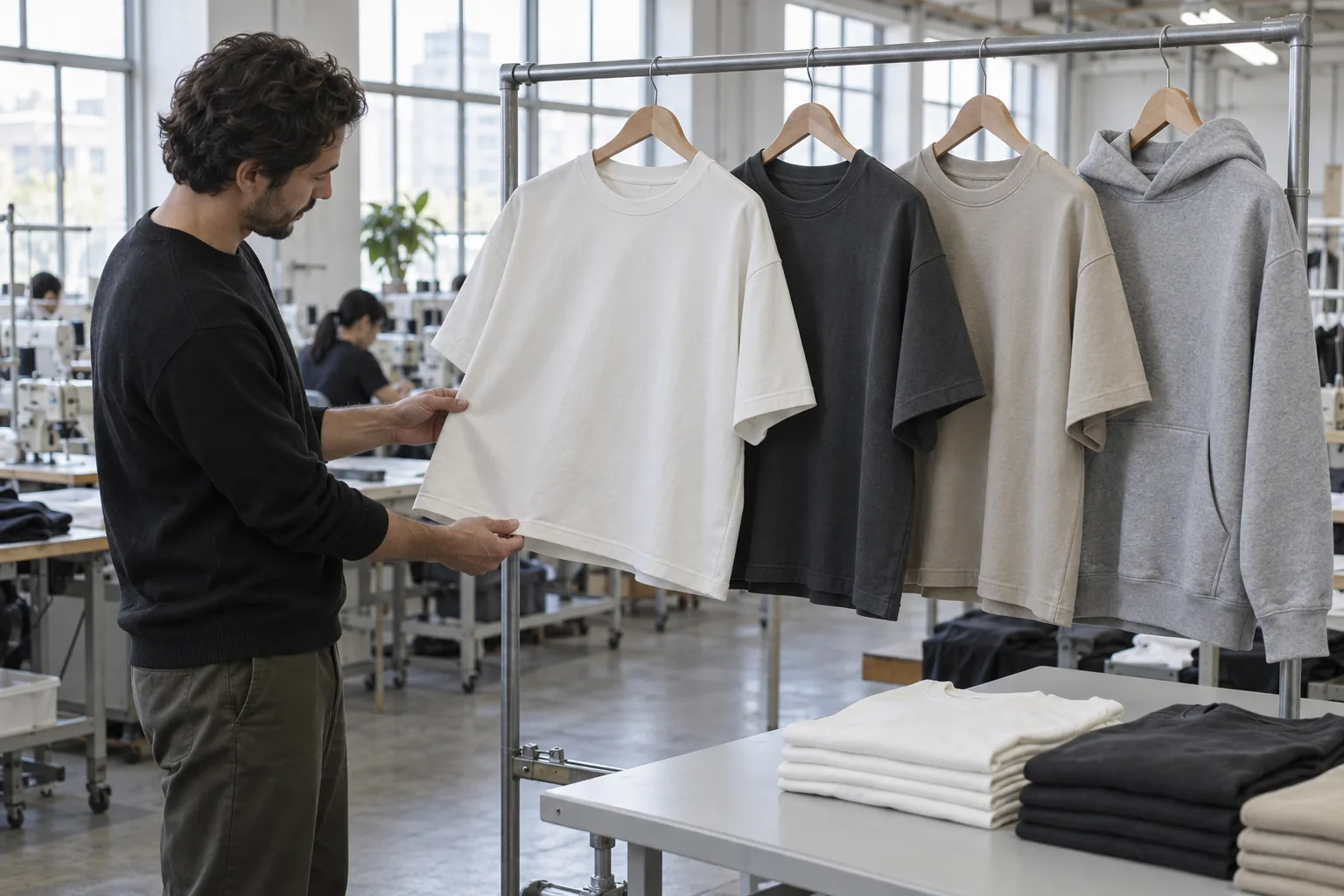 Photorealistic apparel manufacturing documentary photograph of finished unbranded boxy cotton tees and a fleece hoodie o