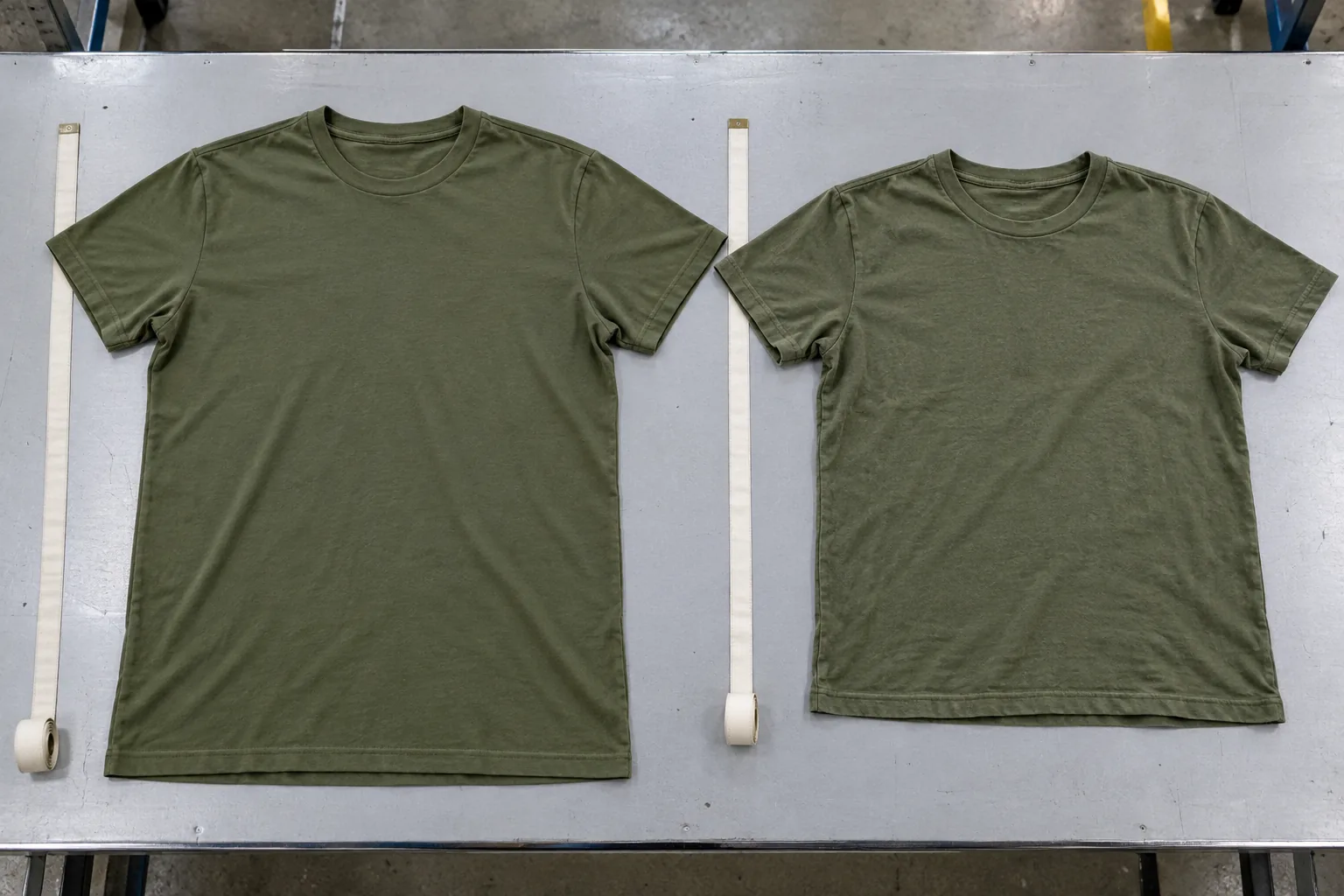 Unwashed and laundered tee samples laid flat with measuring tapes