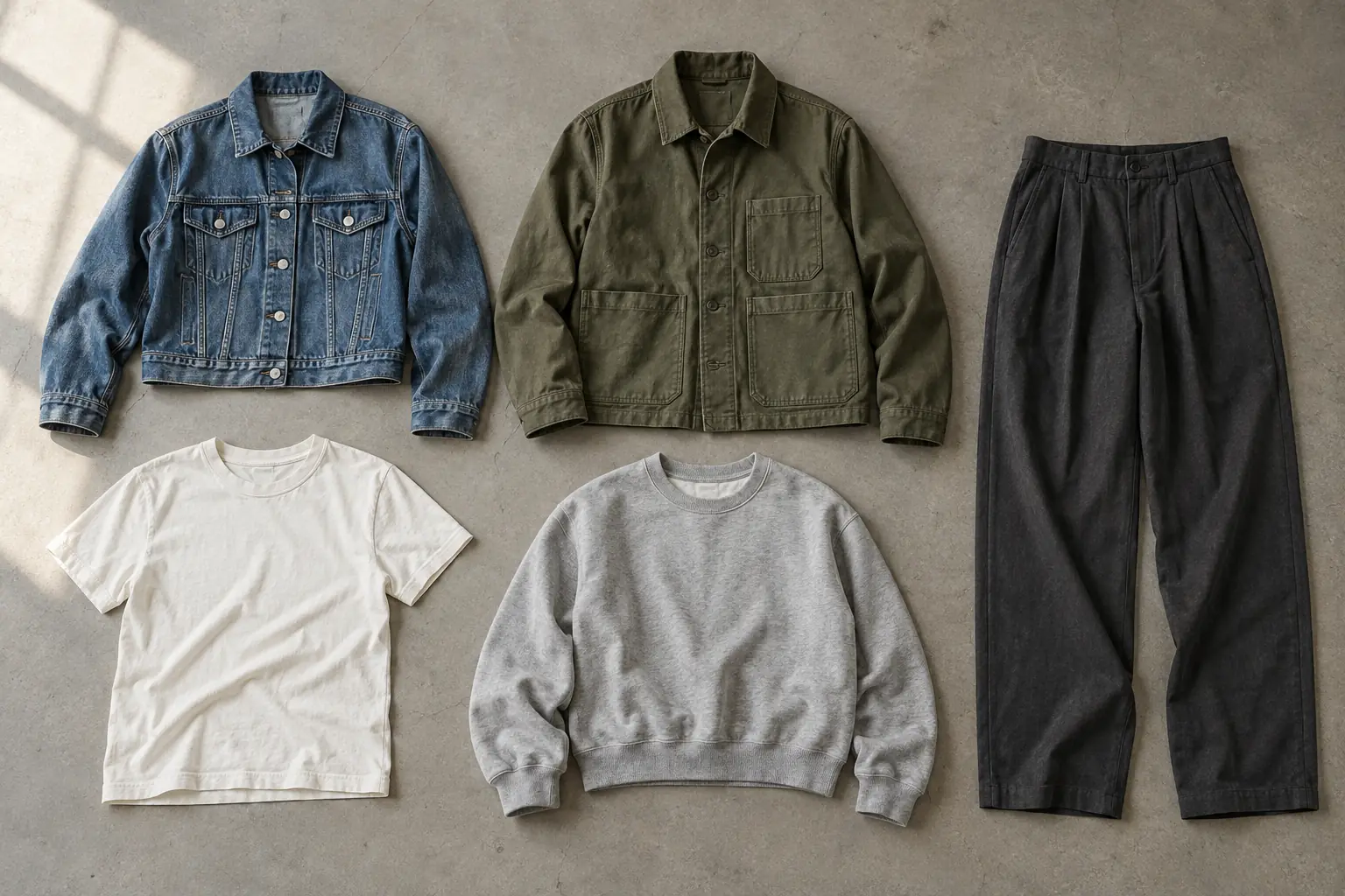 Plain trucker and chore-style jacket samples arranged with matching collection pieces