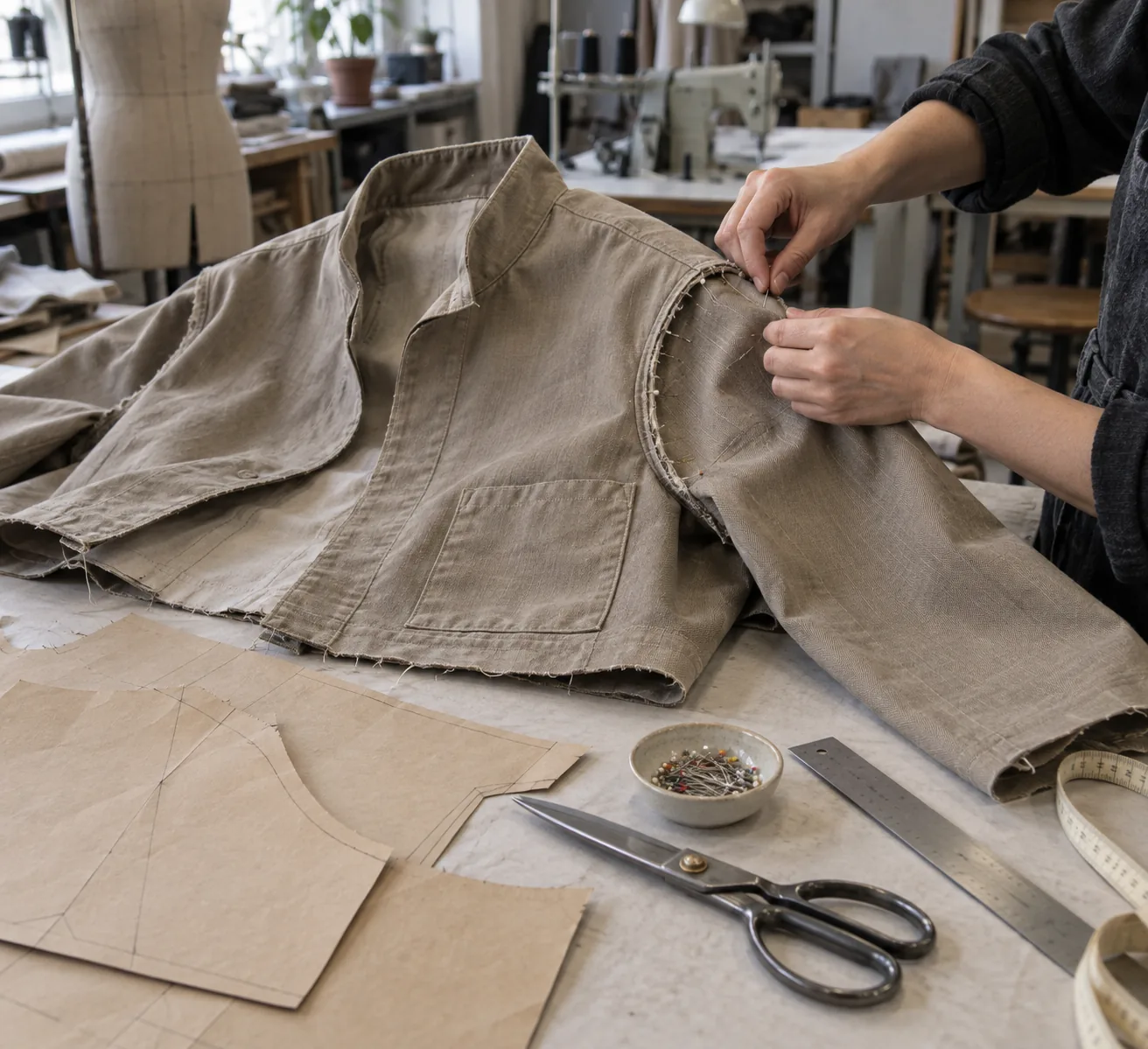 Jacket pattern pieces and a simple unfinished sample on a development table