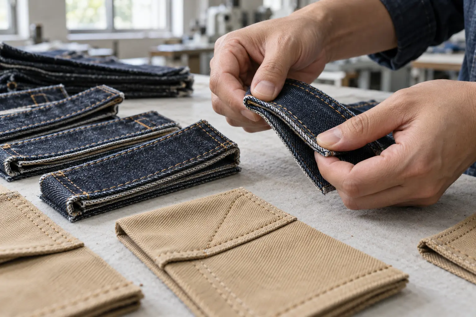 Close view of denim and canvas seam trials showing folded pocket corners and waistband layers